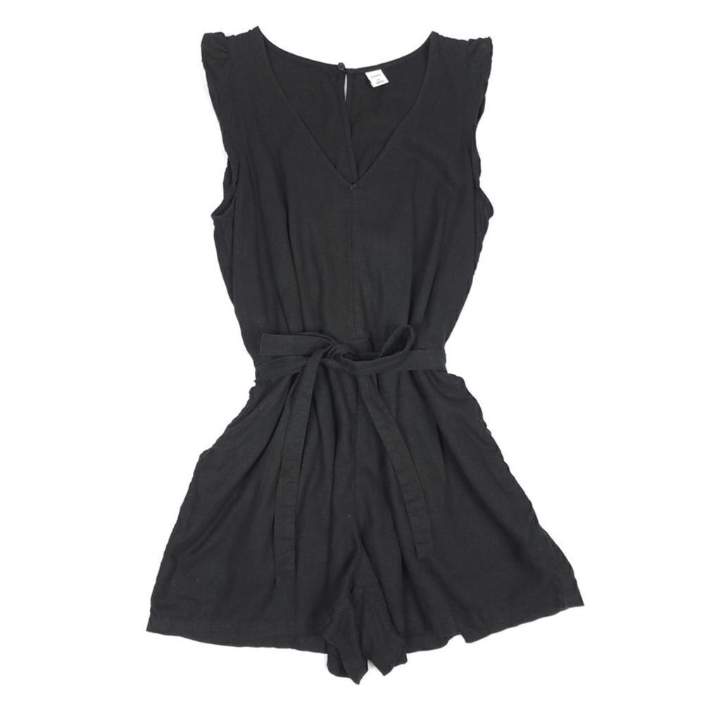 OLD NAVY Linen Minimal Boho Belted Flutter Sleeve Romper Black Jack Womens XS